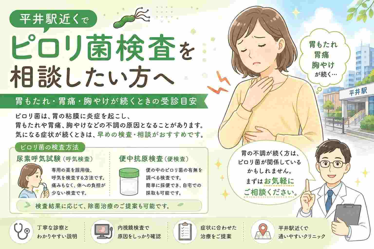 平井駅近くでピロリ菌検査を相談したい方へ｜胃もたれ・胃痛・胸やけが続くときの受診目安